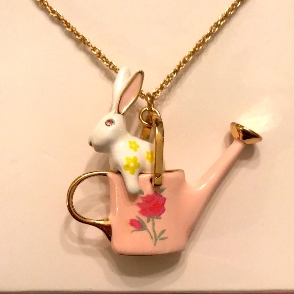 Brand New Betsey Johnson Watering Can Bunny Slider Long Pendant Necklace Easter - Picture 4 of 10